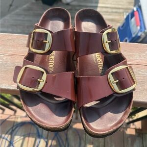 Birkenstock Maroon Sandals with Gold Buckles